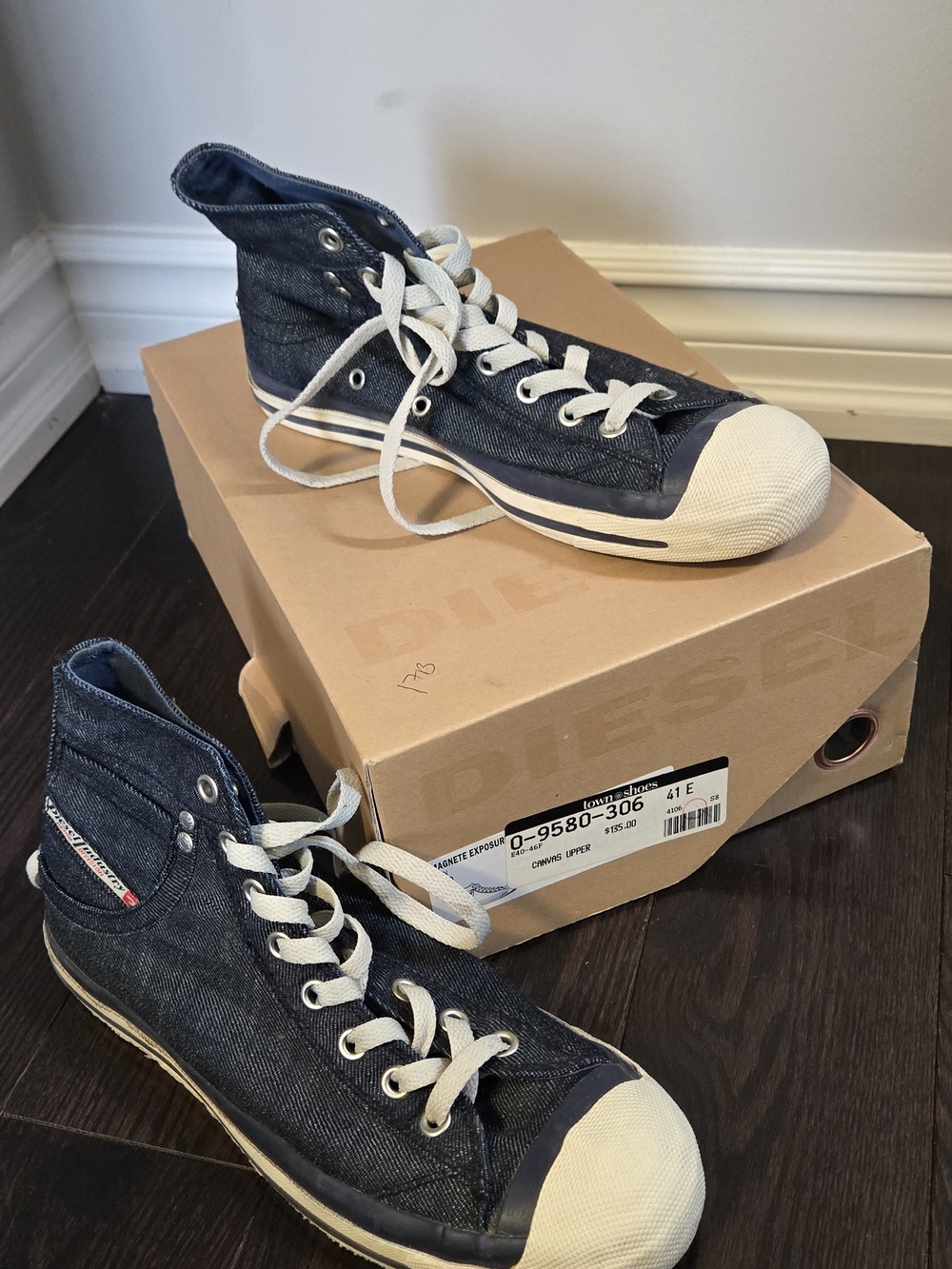 Diesel Men's Dark Blue Denim High-Top Sneakers with White Accents
